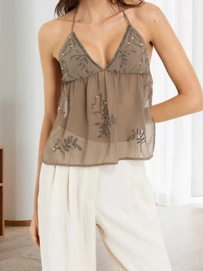 Women Halter Top Tie-Up Sleeveless Tops Shiny Beaded Summer Vest For Beach Vacation Summer Party Daily Wear Streetwear