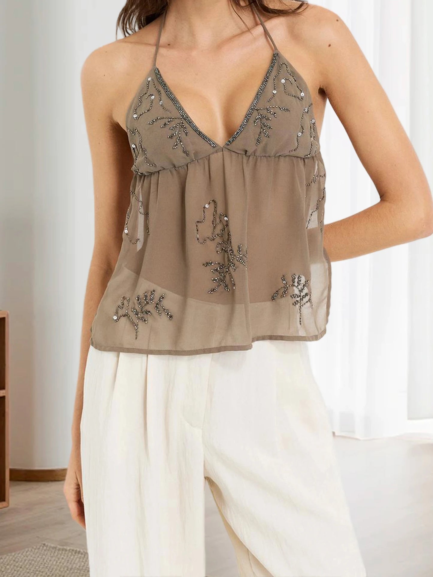 Women Halter Top Tie-Up Sleeveless Tops Shiny Beaded Summer Vest For Beach Vacation Summer Party Daily Wear Streetwear