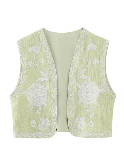 Women Vintage Embroidered Crop Vest Top Y2K Boho Floral Sleeveless Open Front Cardigan Flower Linen Vest Waistcoat Gilet Outwear