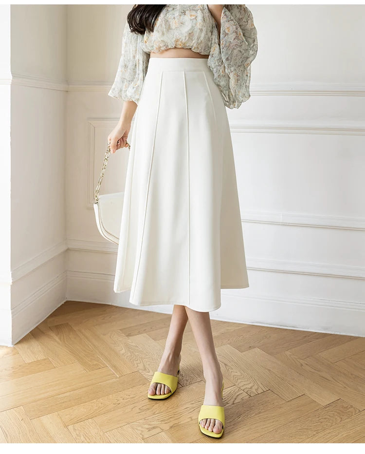 Women's Skirt 2025 Spring Women High Waist Solid Vintage Girl's Waist Down Skirt Knee-length A-line Fashion Thin Skirt for Women