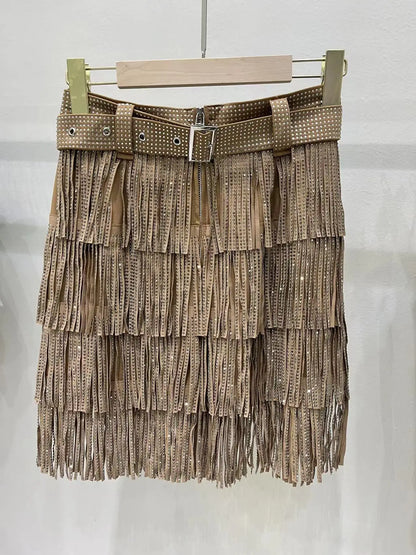 Women Skirt Fashion 2025 New Autumn High Waist Belt Multi Layer Short  Heavy Drilling Rhinestones Fringed Skirt with Cake A Line
