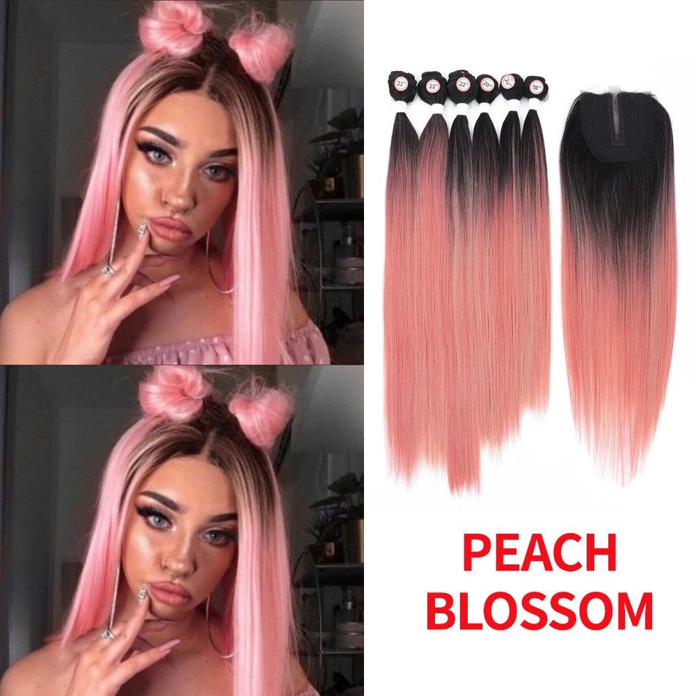 Synthetic Hair Weaving Bundles with 4*4 Clousure Lace Frontal Ombre Wig Natural Wave Straight Hair Extensions Soku Hair Weave