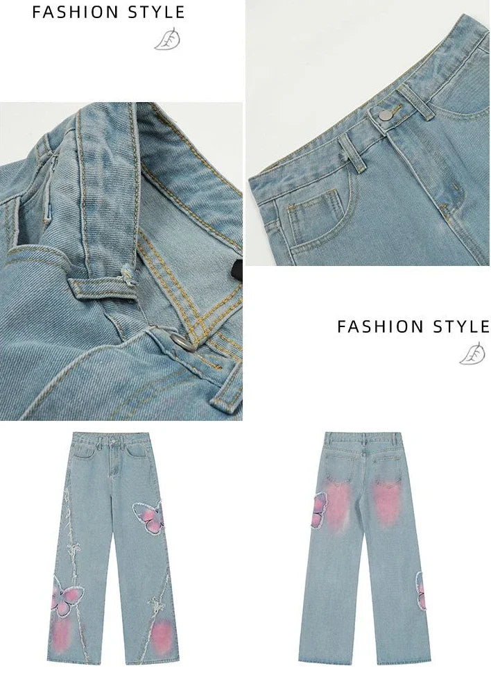 Denim Pants for Women Butterfly Gyaru Womens Jeans Embroidered 90s Loosefit 2025 Fashion Trousers Pant Cool Stretched Wide Leg Z