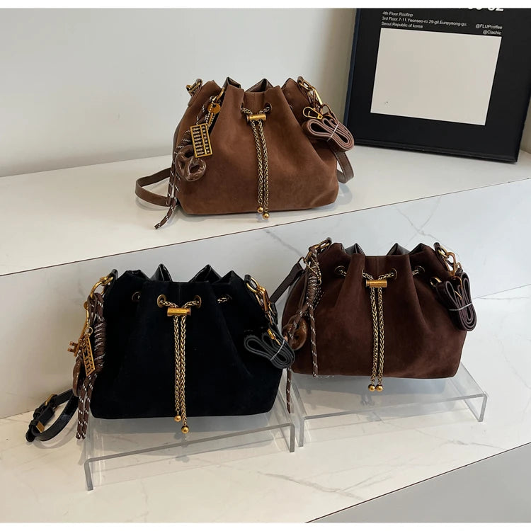 Women Vintage One Shoulder Bag Frosted Solid Drawstring Soft All-Match Bucket Bags High-Grade Versatile Commute Crossbody Packs