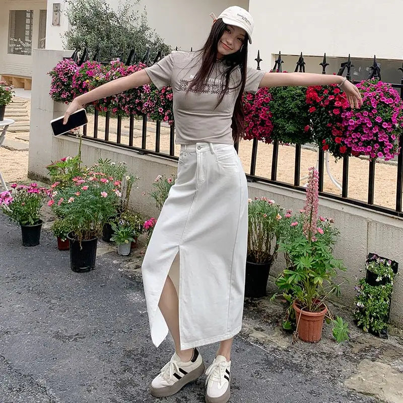Casual High Quality Maxi Denim Skirts for Women Summer 2025 Fashion White Jeans Dress Long Y2k Medium-length A- Line Skirt Denim