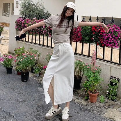 Casual High Quality Maxi Denim Skirts for Women Summer 2025 Fashion White Jeans Dress Long Y2k Medium-length A- Line Skirt Denim