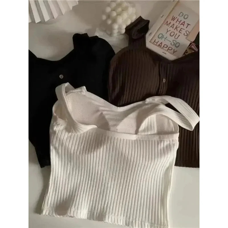 2025 Women's Cropped Tops with Bra Pads Summer Corset Korean Suspenders Vest Sexy Camisole Slim