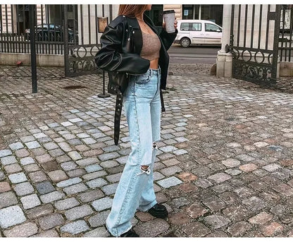 MiuKoMiYa Ripped Jeans For Women 2023 Streetwear Straight Denim Pants High Waist Long Denim Trousers Women Hollow Out Jeans