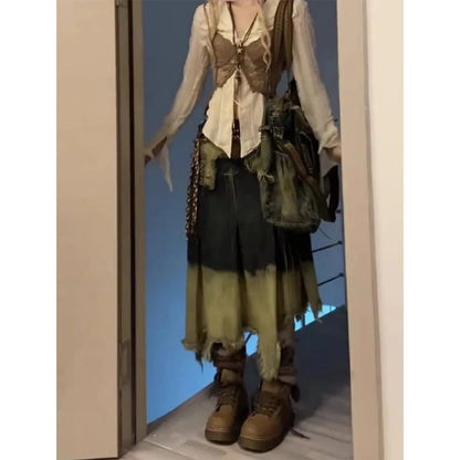 Women Denim Long Skirt Harajuku Y2k 2000s Vintage Skirts 90s Aesthetic Streetwear Fashion Korean Style A-Line Jean Skirt Clothes