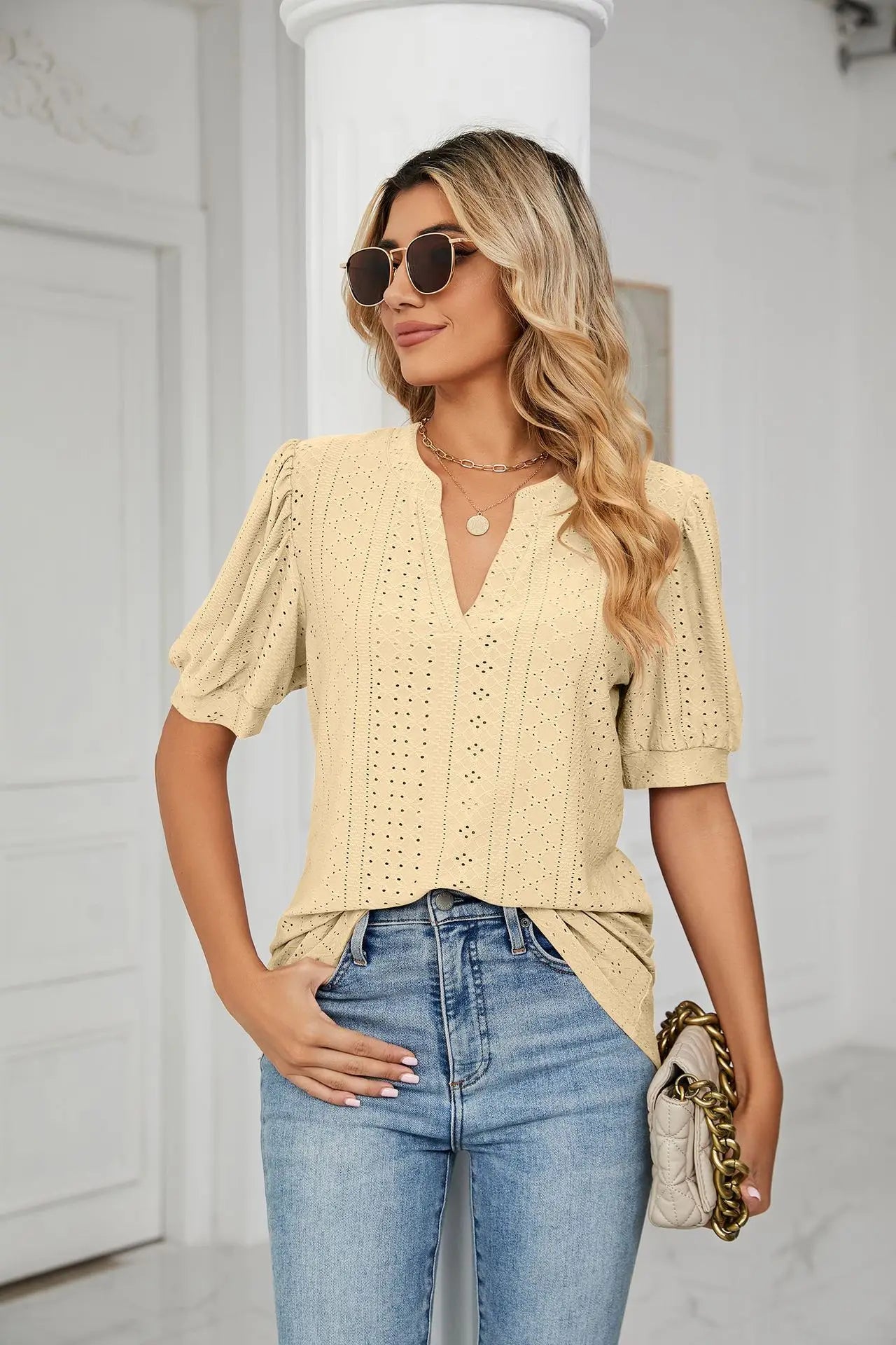 Womens Tops V Neck Ruffle Sleeve Blouses Short Sleeve Casual Tops T-Shirts for Women Autumn Winter