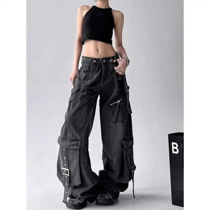 Women Jeans Design Deconstructes Drifting Strips Broken Holes Black Jeans For Women 2025 Spring New Multi Pocket Wide Leg Pants