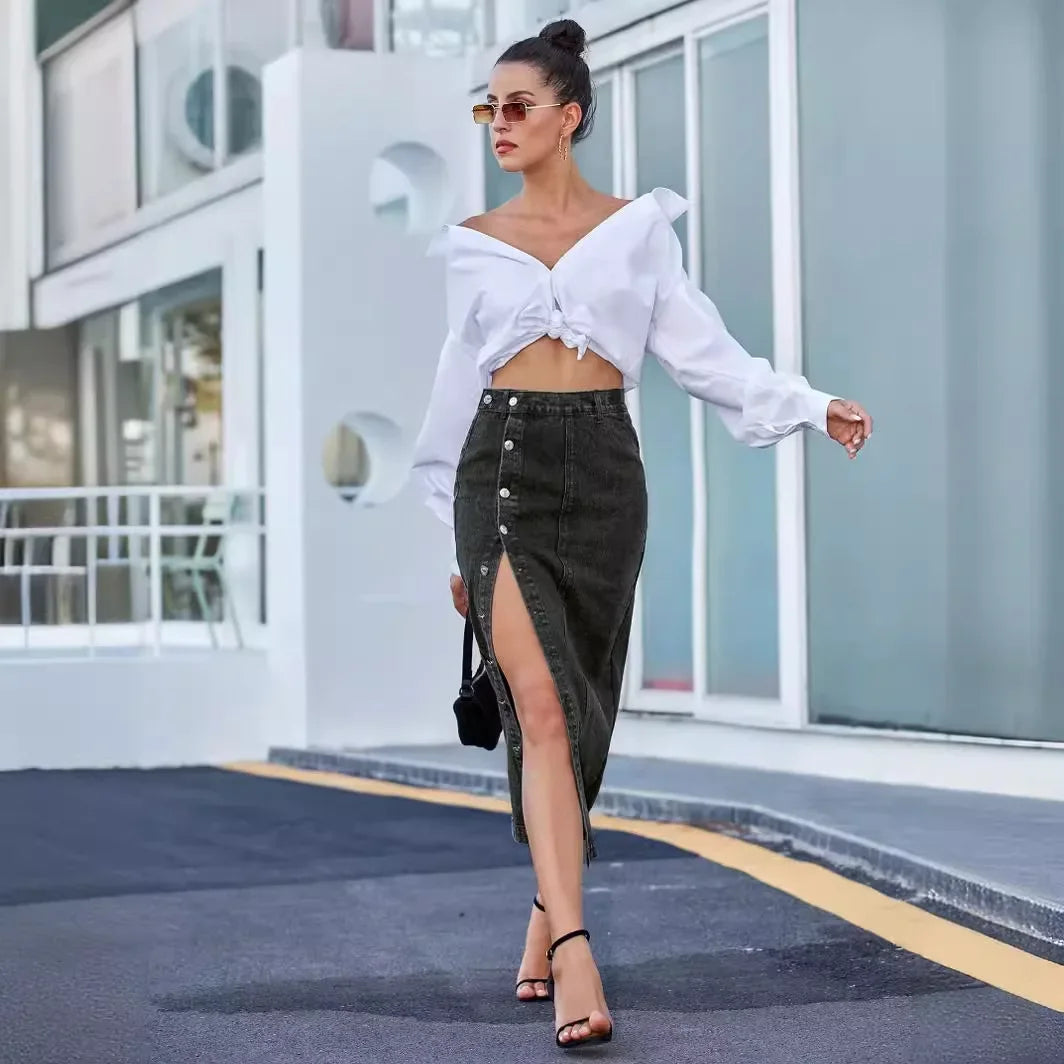 Denim Skirt Button Asymmetric Clothes High Waist Jean Skirts Summer Half Dress Streetwear Korea Dongdaemun High Quality Clothing