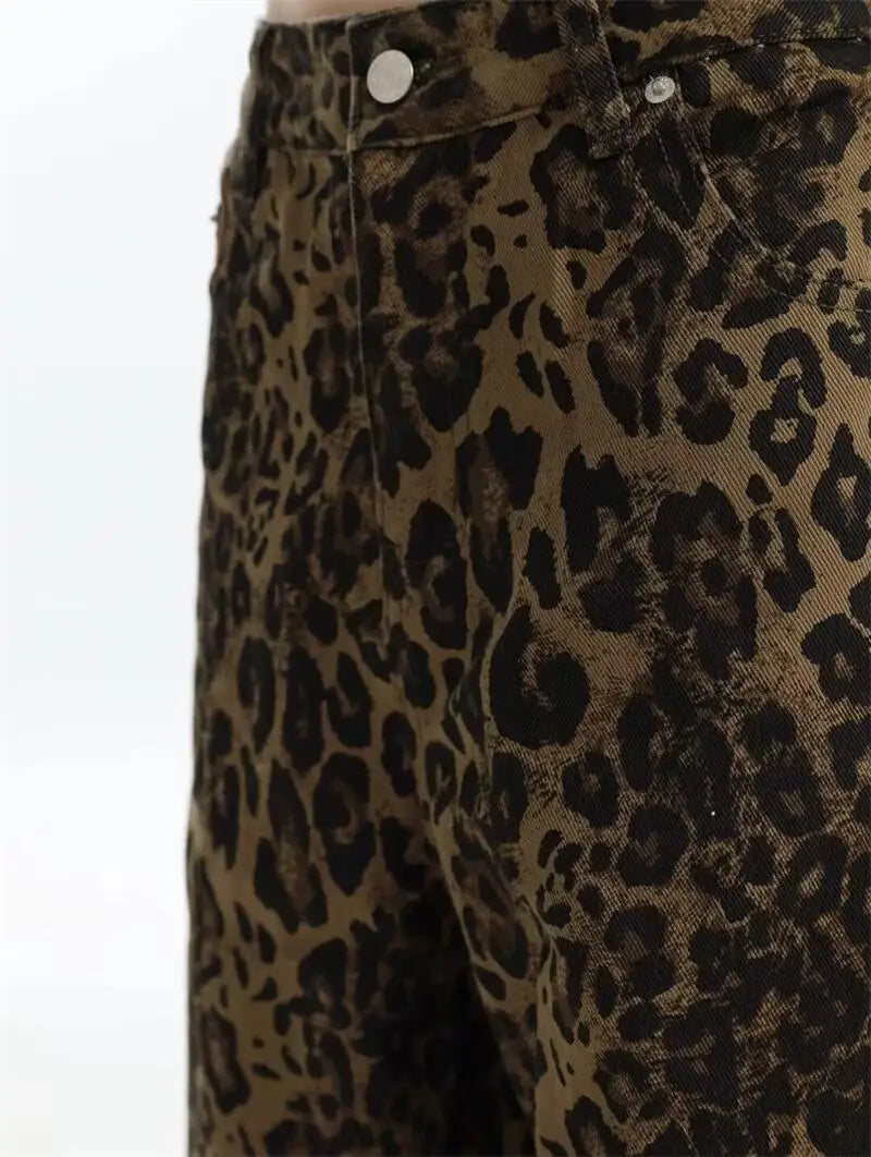 Women's leopard print jeans autumn and winter fashionable versatile loose retro casual pants straight leg wide leg pants