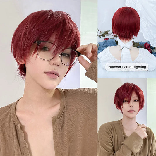 8Inch Wine Red Color Handsome Synthetic Wigs With Bang Short Straight Hair Wig For Man or Women Daily Use Cosplay Heat Resistant