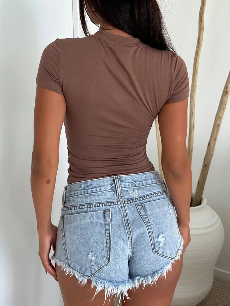 Tops for Women 2025 Spring and Summer Y2K Style Solid Color Slim Fit Short-sleeved T-shirt for Women