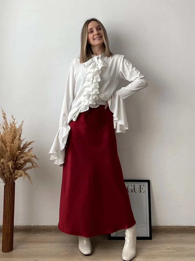 Long Black Satin Skirts Women For Work Summer Autumn Straight Brown Skirt Long Belt Coffee Formal Silk Maxi Skirt For Ladies
