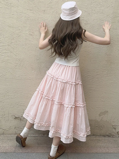 Sweet Skirts Women Summer Elastic Waist Solid Color Loose A-Line Skirt for Sweet Girls Kawaii Clothes