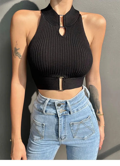 Women Y2K Sexy Tank Tops Chic Tops Halter Off Shoulder Crop Top Camis Elastic Slim Solid Knit Sports Solid Tank Tops 2024 Summer