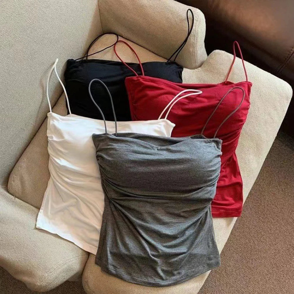 Sleeveless Tees Tank Tops For Women Camisole Vest Cropped Top Slim Fit Solid Color Spaghetti Strap Built In Bra Women Clothes