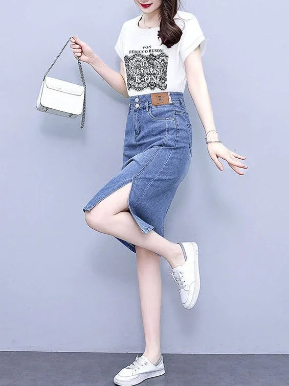 Jeans Skirts for Women Woman Denim Skirt High Waist Midi Maxi Long with Pocket Slit Chubby Modest Quality Luxury Elegant Stylish