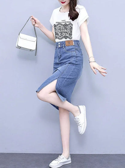 Jeans Skirts for Women Woman Denim Skirt High Waist Midi Maxi Long with Pocket Slit Chubby Modest Quality Luxury Elegant Stylish