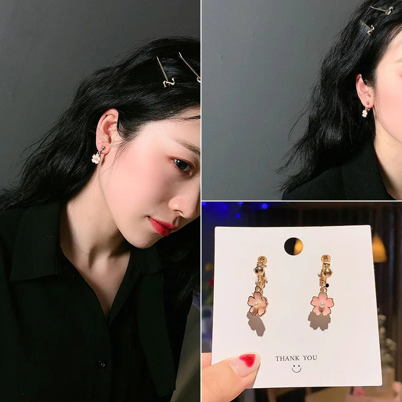 Korean Style Clip on Earrings No Pierced Earrings Women's Party Birthday Fashion Flower Heart Cute Cuff Earrings Ear Clip Gift
