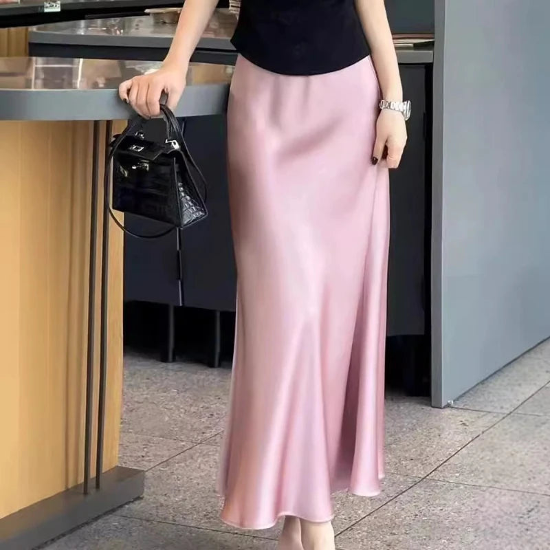 Long Skirts for Women High-waisted Thin Satin Acetate Silky Fishtail Skirt Korean Fashion Clothing Elegant Women's A-line Skirt