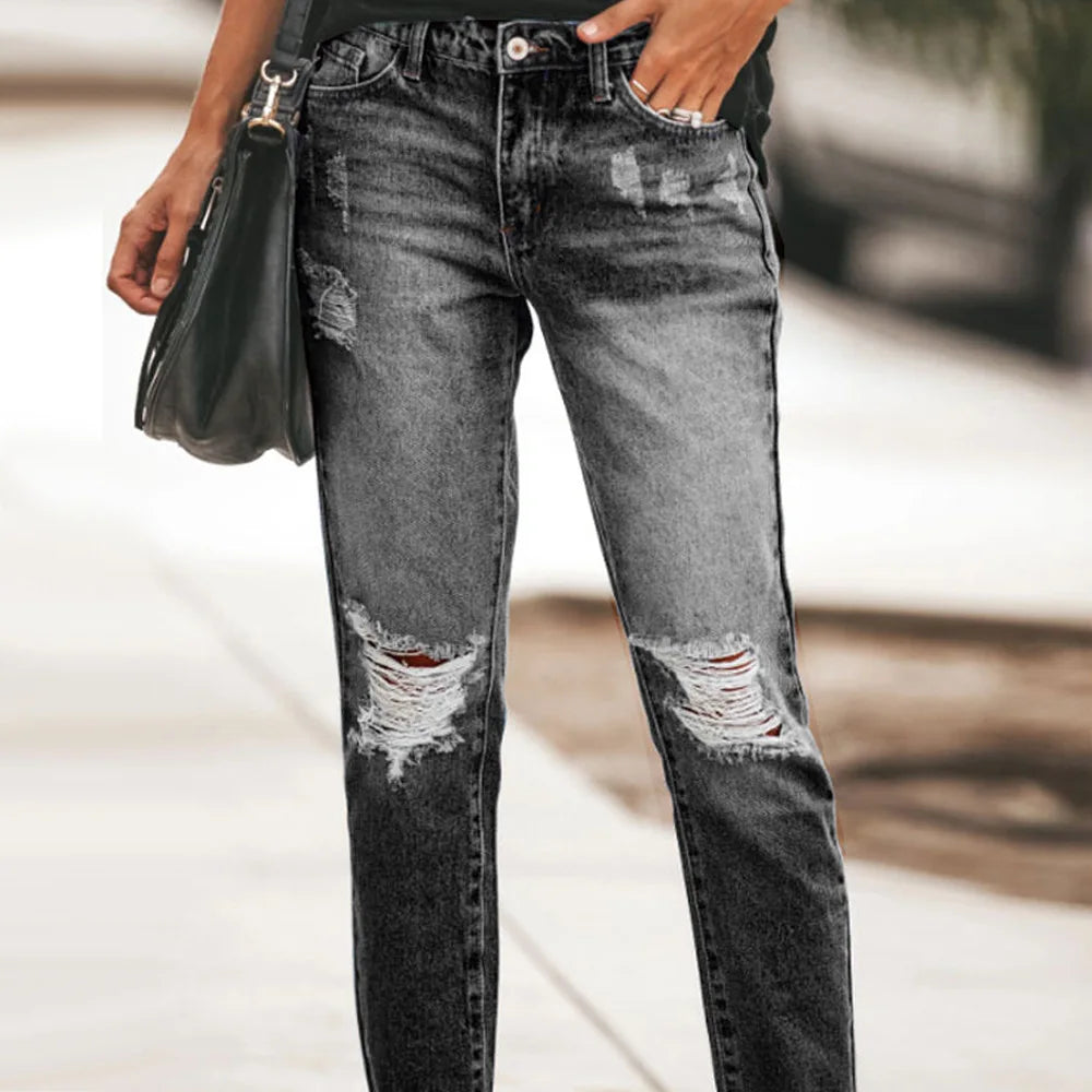 2023 New Women's Mid Waist Ripped Jeans Fashion Casual Ankle-Length Denim Straight Leg Pants Gray/Blue S-2XL Drop Shipping