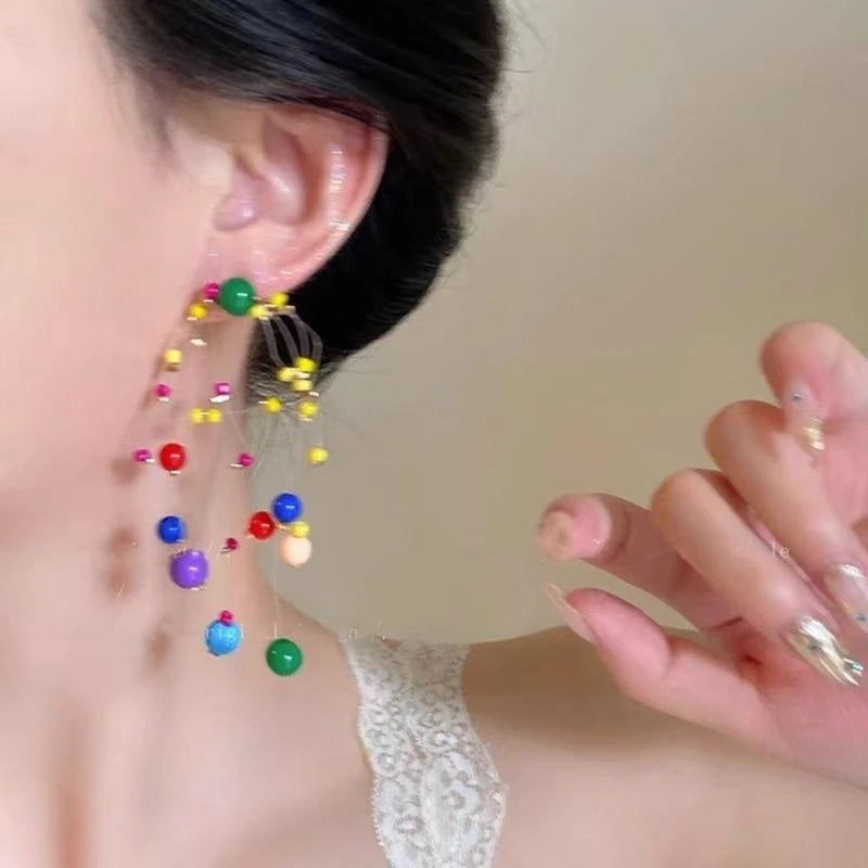 Long Colorful Earrings with Beads Colorful Beaded Earrings Eye Catching Earwear