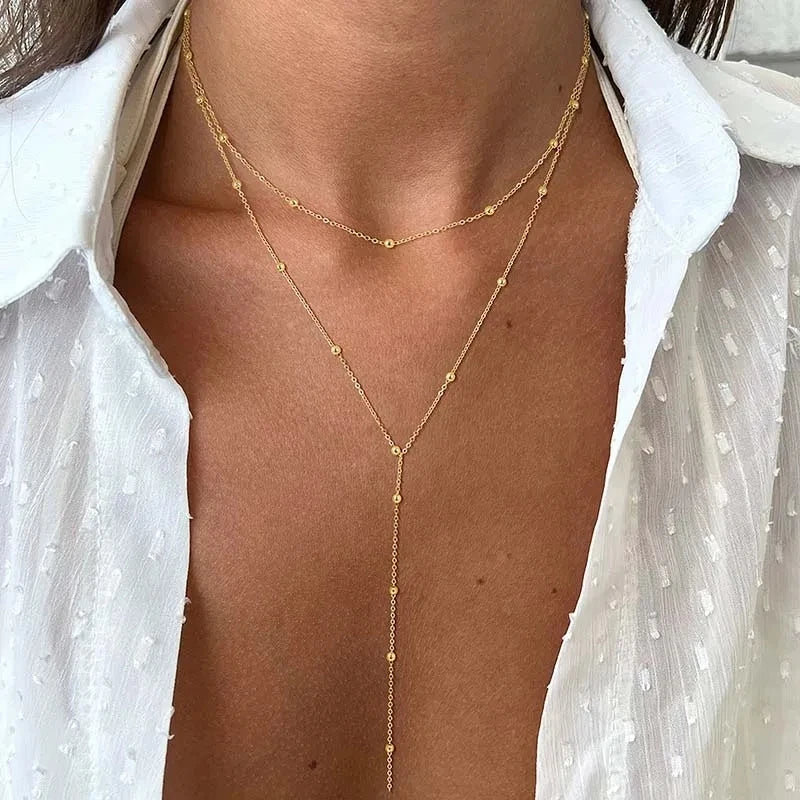 Y-Shaped Round Bead Necklaces for Women Simple Metal Double Laryered Long Chain Drop Pendant Choker Necklaces Fashion Gifts