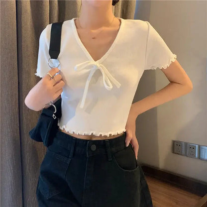 Tops Woman Short Sleeve T Shirt for Women V Neck New in Knitwears Plain Sexy Crop Korean Fashion Reviews Clothes Many Polyester