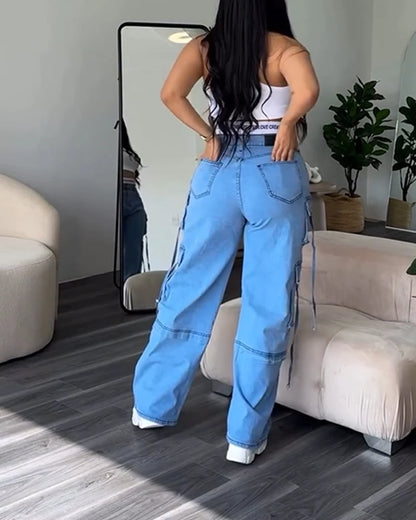 Women's Multi-Pocket Jeans, Retro Splicing, Drawstring, Cool Girl Trousers, Loose Casual Streetwear, New Bottoms, Fashion