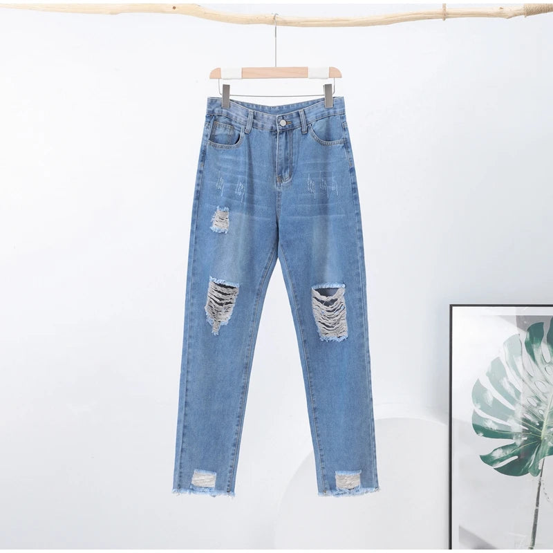 Women‘s Fashion Straight Jeans Casual High Waisted Washed Skinny Trousers Ripped Slim Pants For Lady Commuter 2025 Fashion Trend