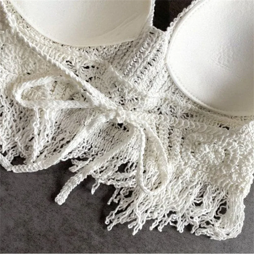 Women Summer Beach Boho Crop Tops Sexy Y2K Knitted Backless Hollow Out Tank Tops Crochet Tassels Hem Halter Bras Bustier Top