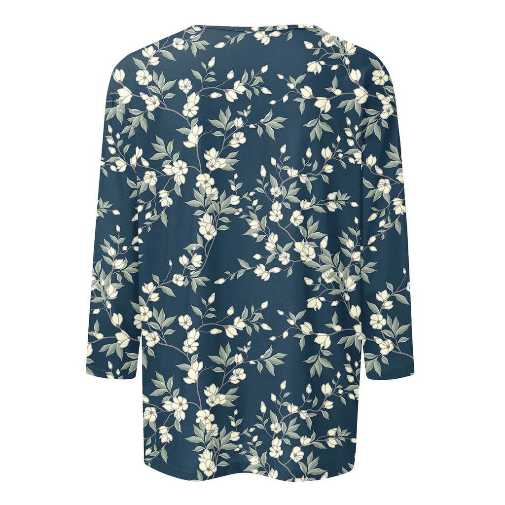 2024 Women Summer Tops Comfortable T Shirt Fashion Flower Print Round Neck 3/4 Sleeve Tops Soft Versatile Pullover Ropa De Mujer