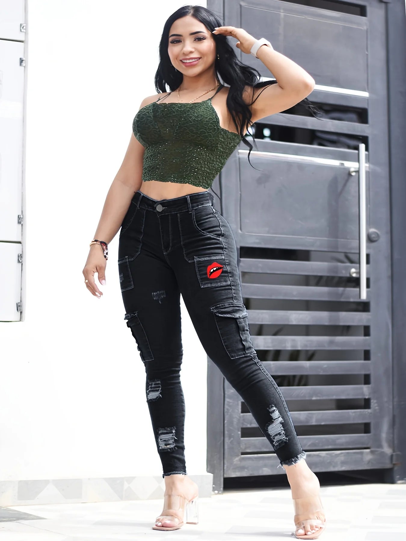 Women's Blue Elastic Jeans With Waist And Hip Lift Tight Little Fee Hairy Edges Sexy Overalls Multi-pocket Pants Lipstick Print