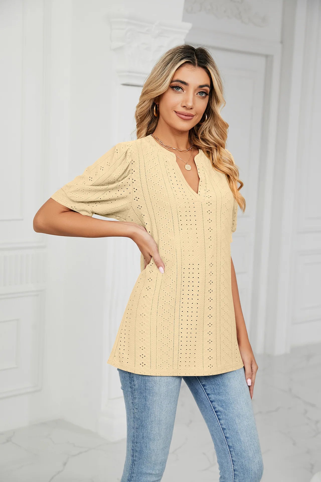 Womens Tops V Neck Ruffle Sleeve Blouses Short Sleeve Casual Tops T-Shirts for Women Autumn Winter