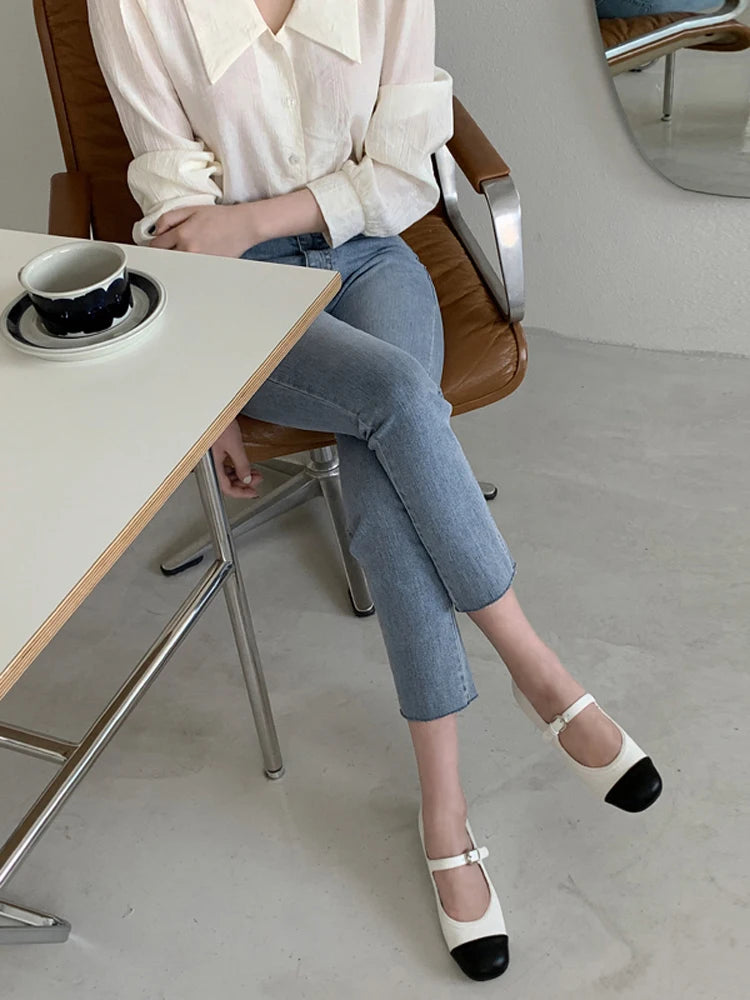 Light Blue Jeans Women Straight Leg Elastic Chic Boyfriend Pants Denim Streetwear Women Ladies Cargo Pants New Fashion 2023