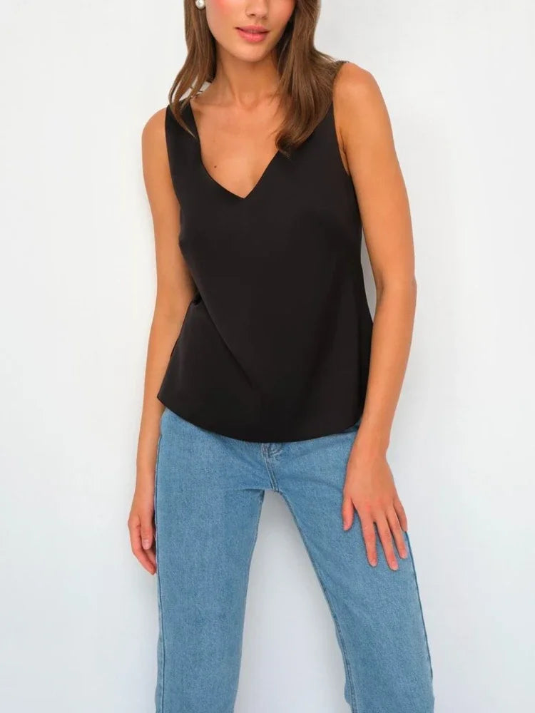 Woman T-shirts Elegant SILK Satin Blouse Sleeveless Female Summer 2023 Casual Loose Tanks and Camis Solid Green Tops for Women