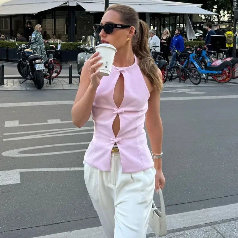 Bow Backless Vest Women Summer Sleeveless Halter Hollow Top Elegant Slim Skirt New Y2k Female Tanks Short Top Office