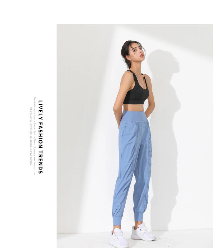 Woman Yoga Pants Hem Bound Running Fitness Loose Slim Quick-Dry Yoga Pants Pleated  Capris Pockets Jogging Pants Sports pants