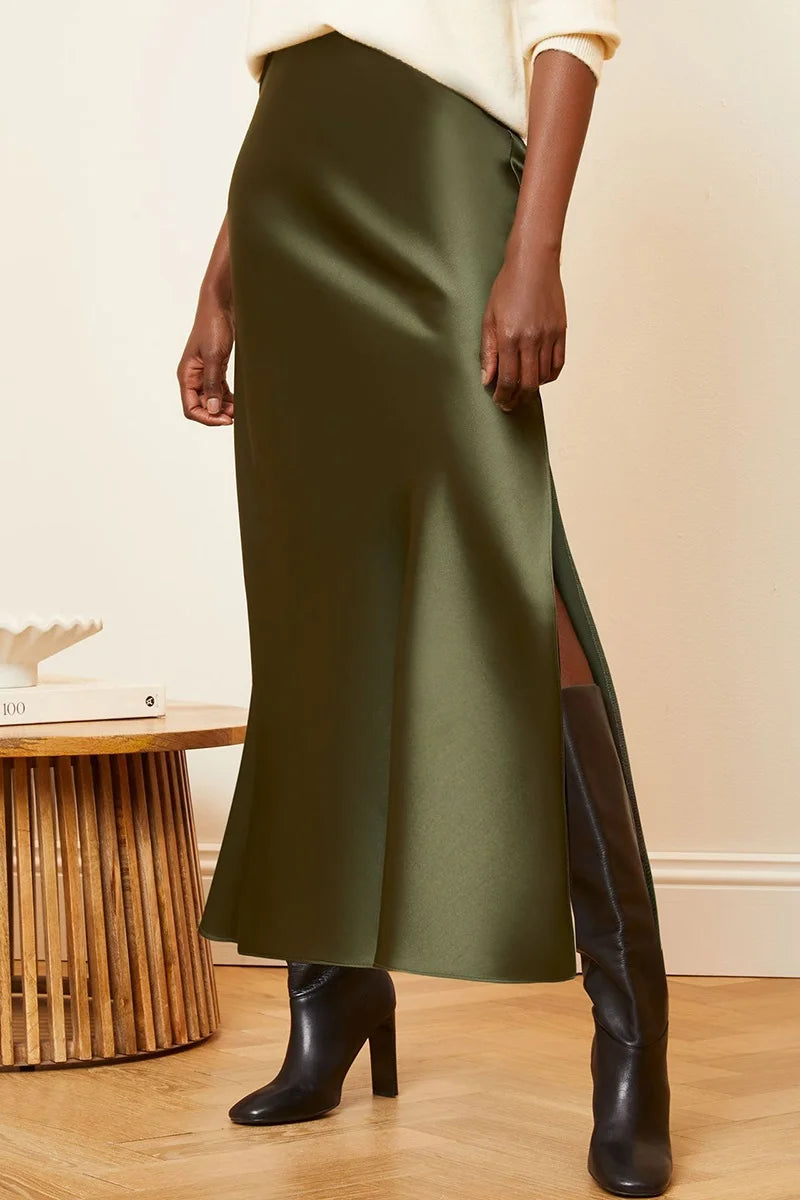 Long Satin Skirts For Women Summer High Quality Skirt With Slit On The Side Silk Elegant Black Maxi Luxury Women's Skirts 2025