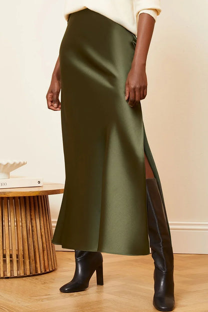 Long Satin Skirts For Women Summer High Quality Skirt With Slit On The Side Silk Elegant Black Maxi Luxury Women's Skirts 2025