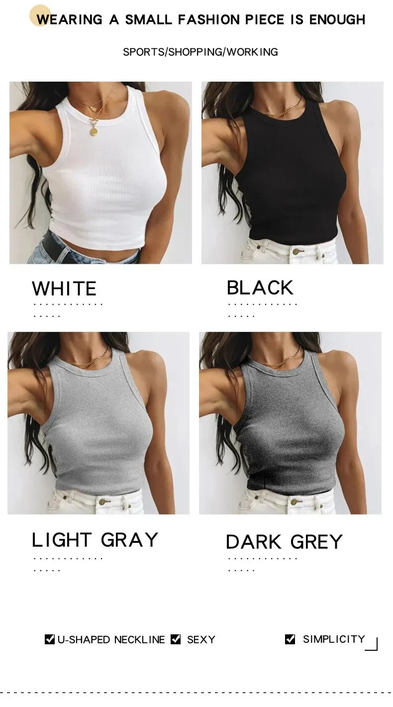 Women's Tank Top Crop Sexy Off Shoulder O Neck Solid Ribbed Knitted Casual Sport Vest Basic Elastic Camisole