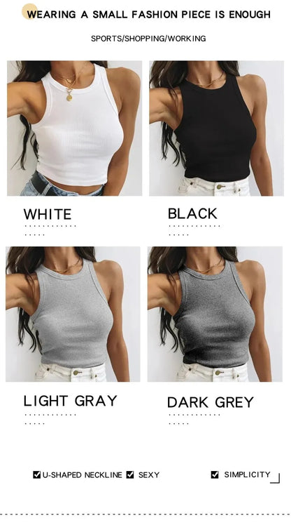 Women's Tank Top Crop Sexy Off Shoulder O Neck Solid Ribbed Knitted Casual Sport Vest Basic Elastic Camisole