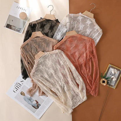 Sexy Women Mesh T-Shirts Transparent Lace Blouse Long Sleeve See Through Tops For Women O Neck Sheer Tees Body Crop Top