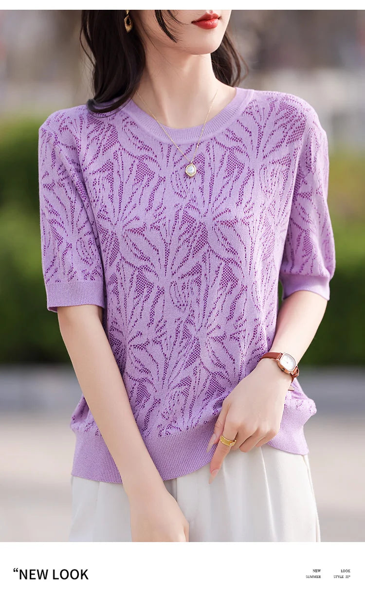 T-shirt Women Tops Summer 2025New Clothing Body O-neck Half Sleeve Tees Shirt  Solid Color Maple Leaf Pattern Casual Fashion Top