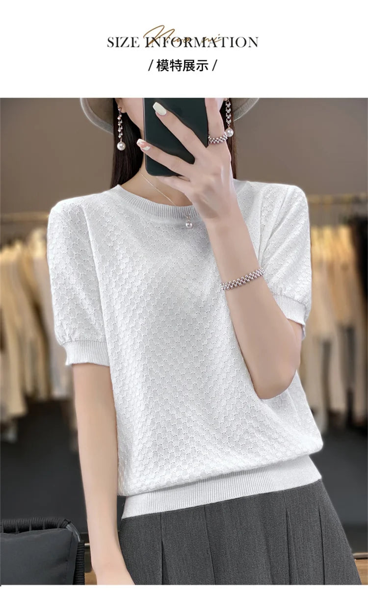 Women's T-shirt Summer 100% Cotton Sweater Short Sleeve Solid Color Round Neck Ladies Tops Loose Blouse Basic Pullover Tees
