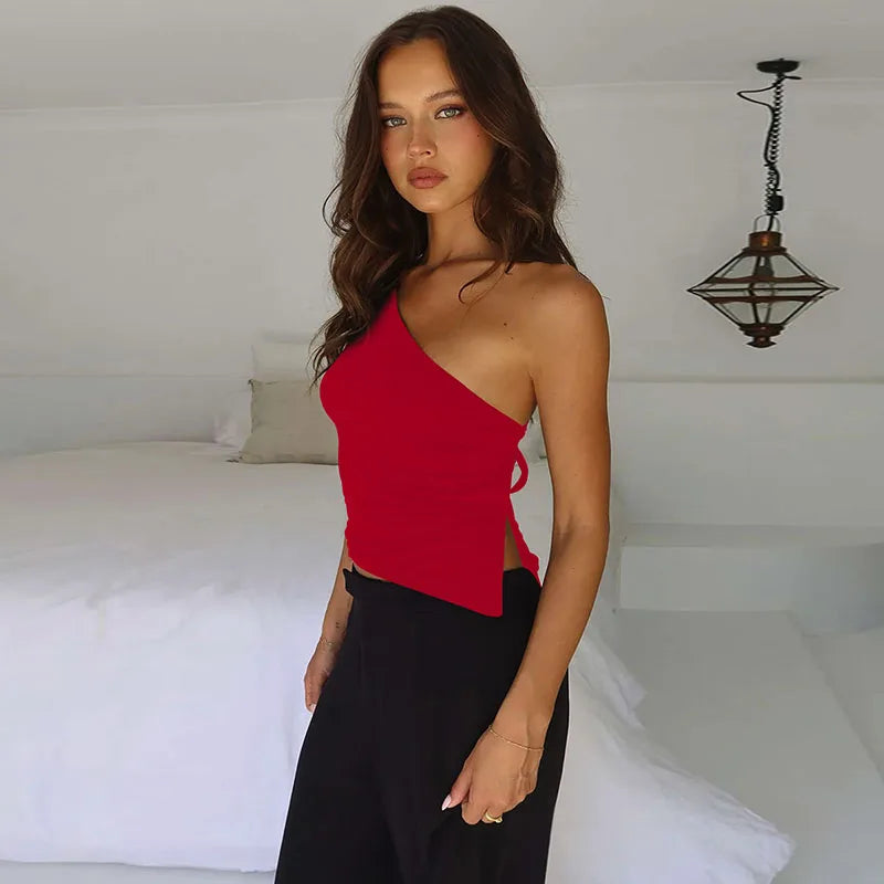 Women's Sexy Off Shoulder Crop Tops Women Summer Sleeveless Backless Lace-Up T-Shirts Woman 2025 New Hot Sale Irregular Slim Tee