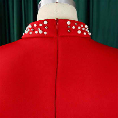 Elegant Dresses for Women O Neck Ruffles Sleeve Beaded Sheath Package Hips Mid Calf Luxury Birthday Party Dinner Vestidos Mujer